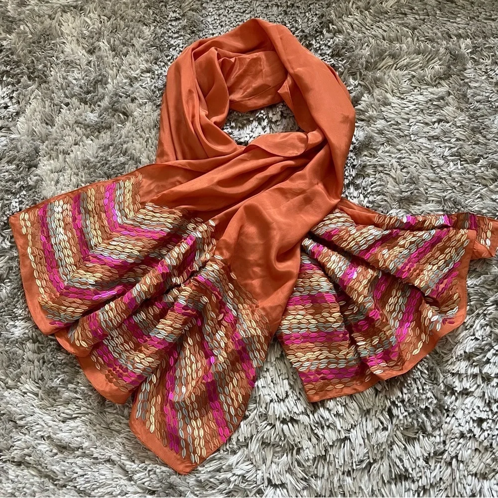 Mariela Burani 100% Orange Silk Multipurpose Scarf Shawl Wrap Holiday Party Vtg